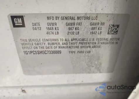 2012 Chevrolet Cruze Ls z USA, uszkodzony, nr VIN 1G1PC5SH5C7338889